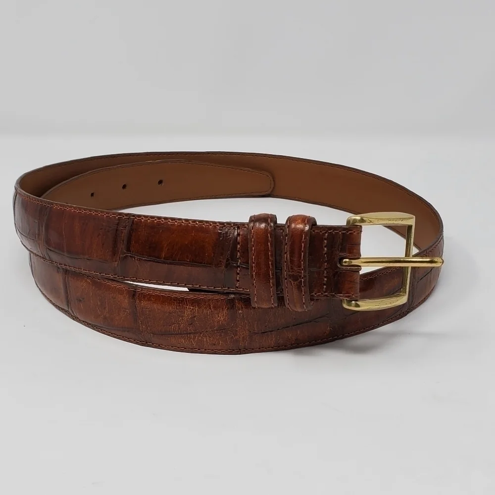 BRIGHTON BROWN EMBOSSED TEXTURED BELT SOLID BRASS BUCKLE MEN 38